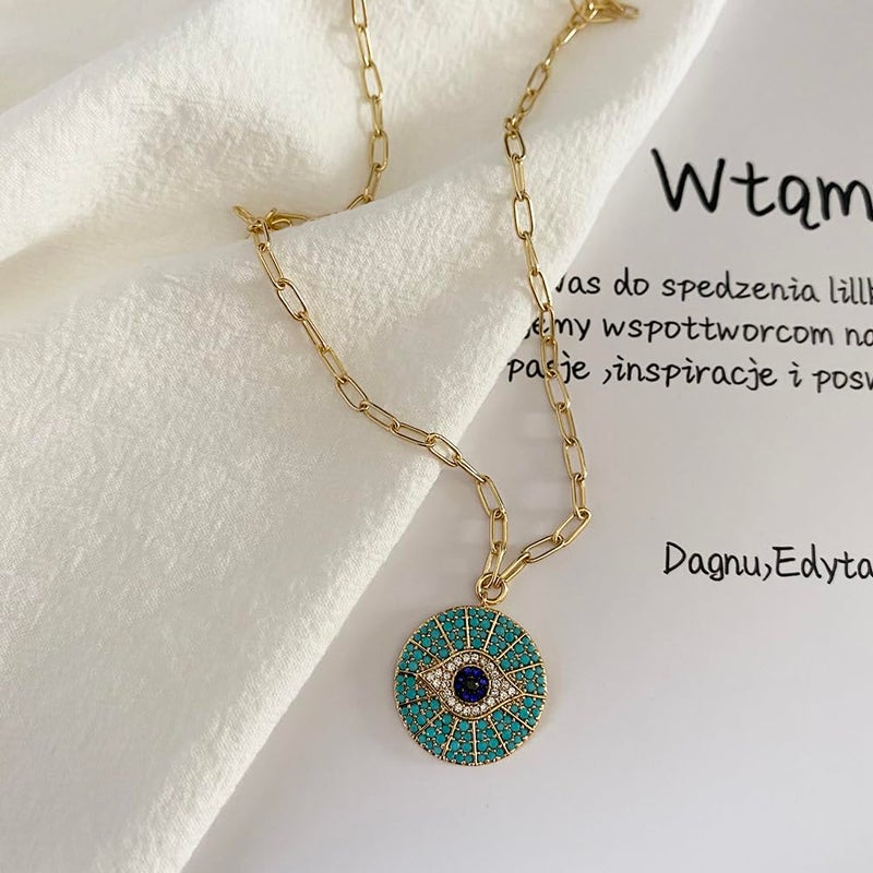Obidos 14k Gold Plated Evil Eye Pendant Necklace for Women 18-20Inch,Round Circle Disk Minimalist Jewelry - Image 4